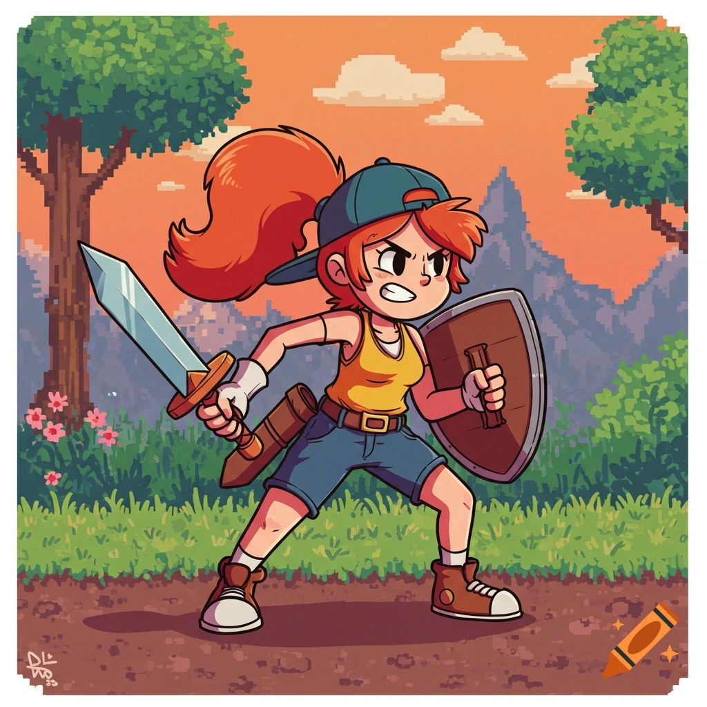 Cartoon style female character with sword and shield in a retro pixel art video game landscape.