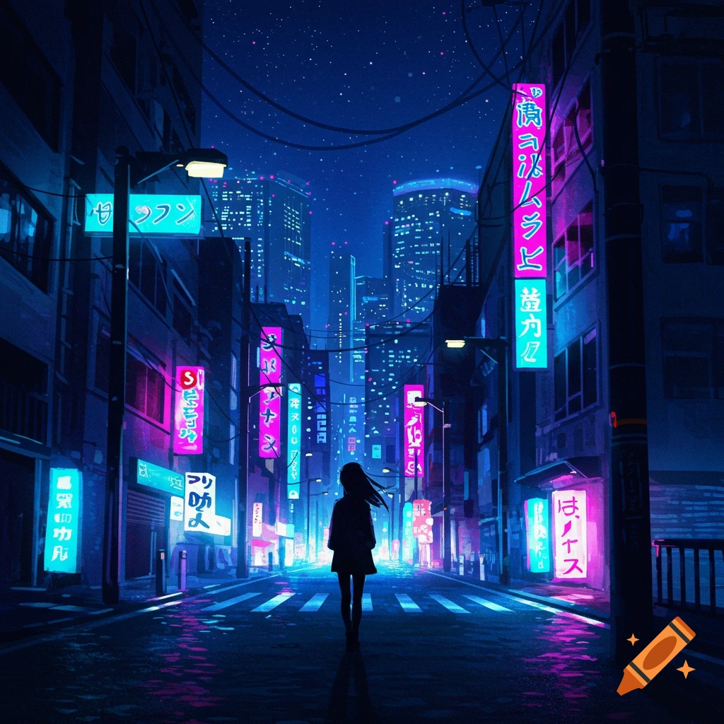 A lone figure walks down a dark city street lit by colorful neon signs under a starry sky in an anime style.
