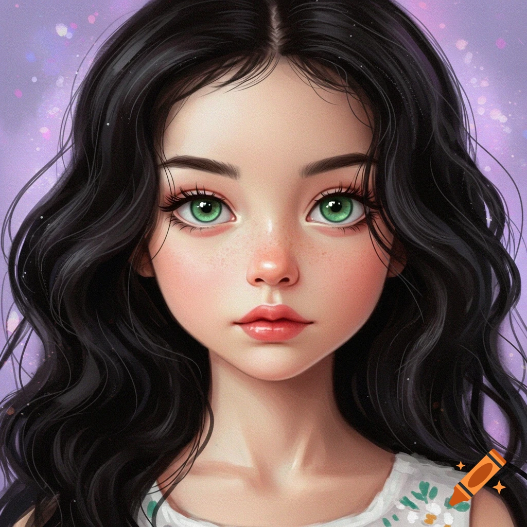 A portrait of a young girl with green eyes and long wavy black hair.