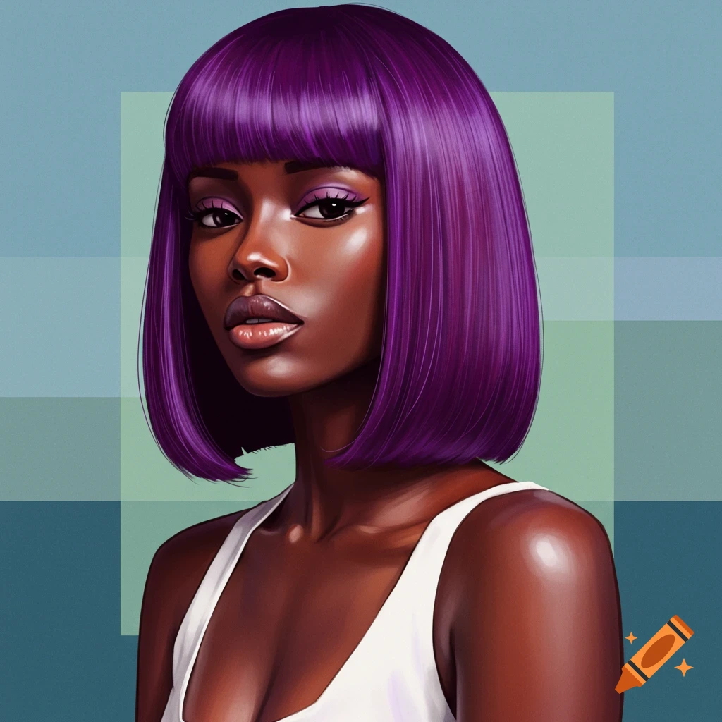 A Black woman with straight purple bob hair and bangs, wearing a white tank top.