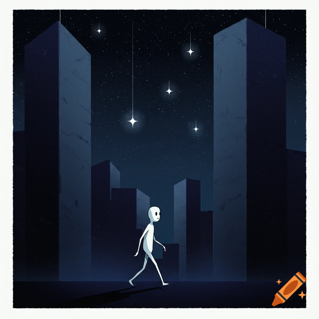 Illustration of a simple white figure walking through a dark, stylized city at night under a starry sky.