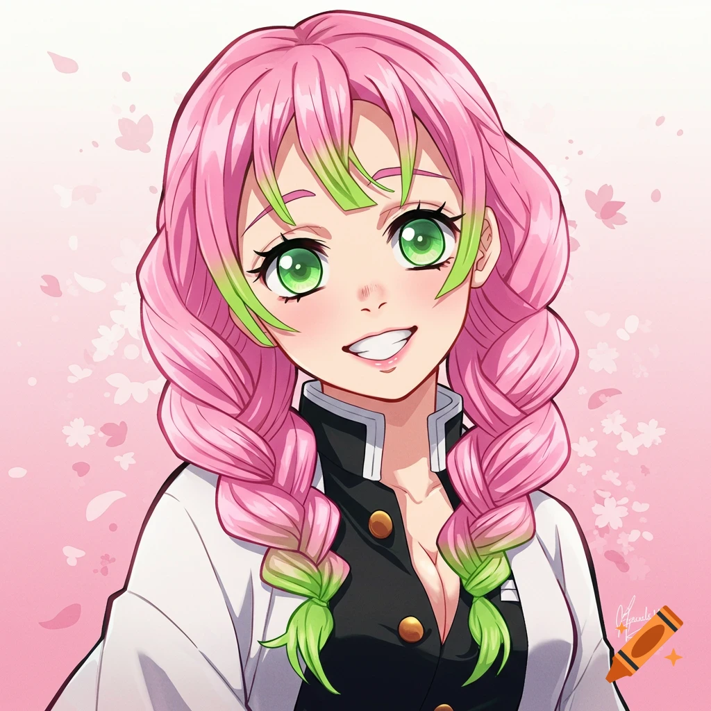 Anime portrait of Mitsuri Kanroji smiling, with pink and green braids, green eyes, and uniform against a pink cherry blossom background.