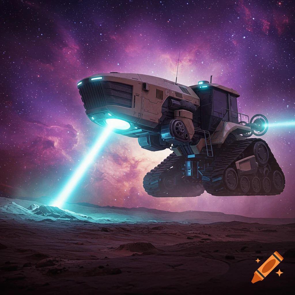 Futuristic tracked vehicle hovers over a planet surface under a starry nebula sky.