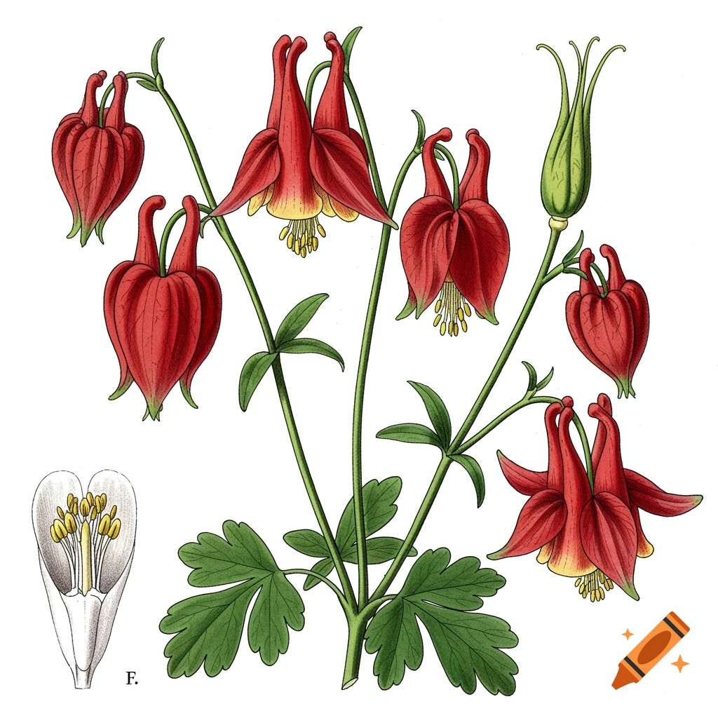 Botanical illustration of red columbine flowers on white
