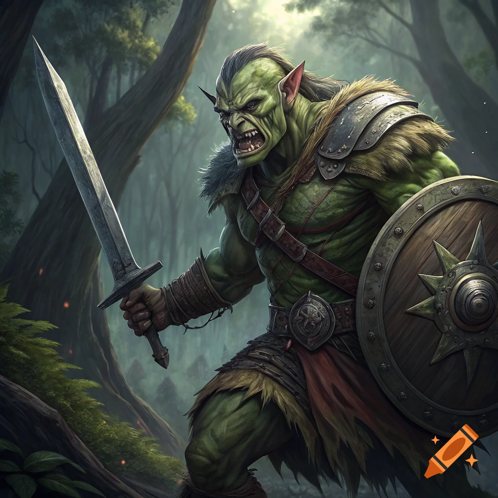 An orc warrior holding a sword and shield in a forest.