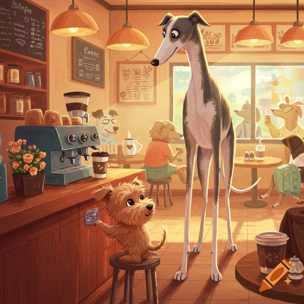 Cartoon illustration of a small terrier and a large greyhound standing in a cafe with other dogs.