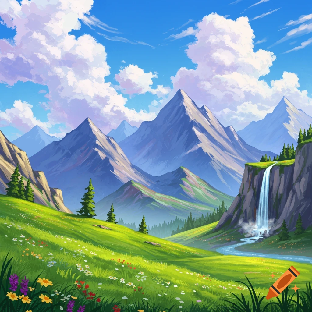A mountain landscape with a waterfall and flowery meadow.