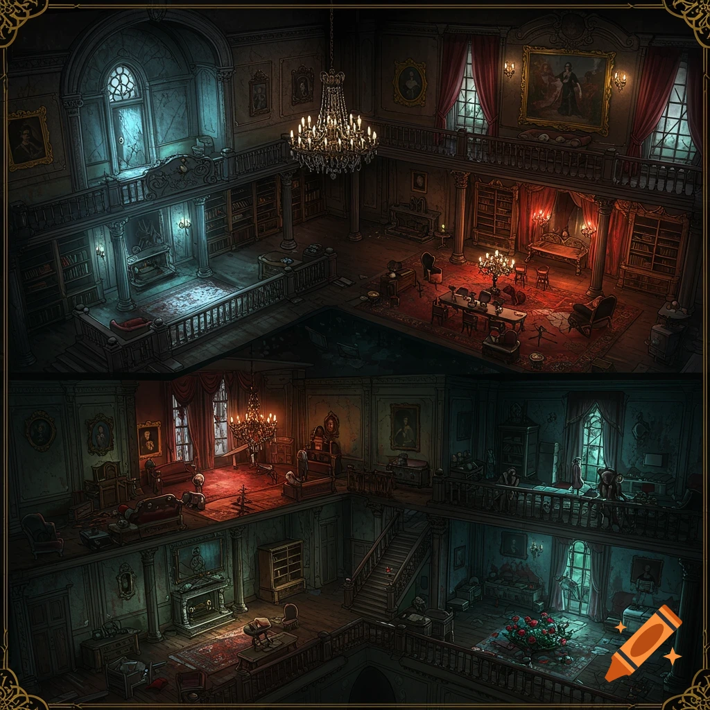 A multi-level gothic mansion interior featuring chandeliers, libraries, and atmospheric lighting.
