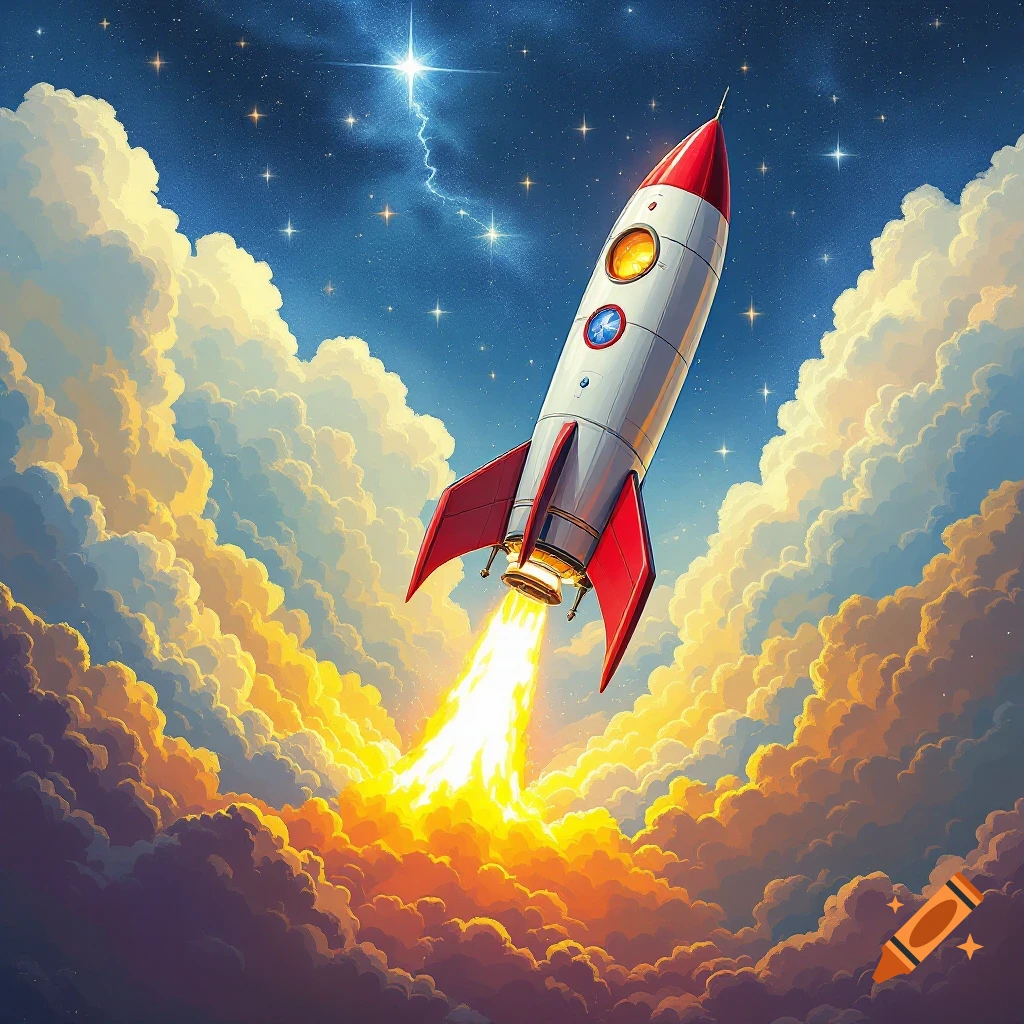 A cartoon-style rocket launches through colorful clouds into a starry night sky.