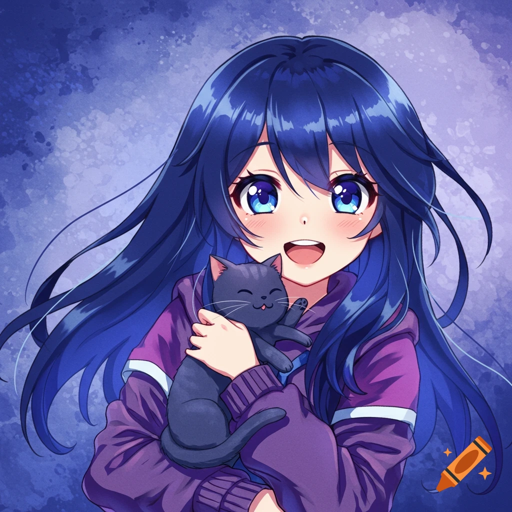 Anime girl with blue hair holding a black cat.