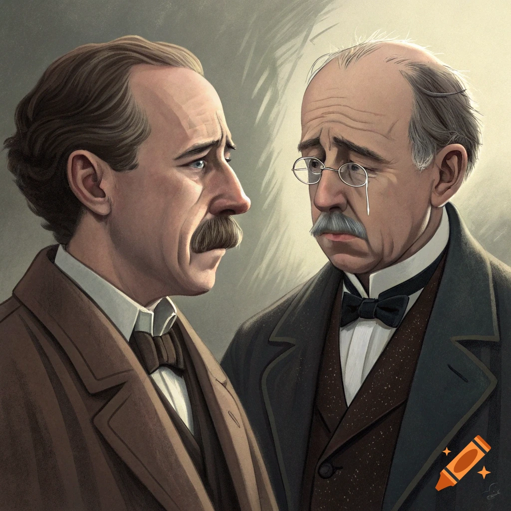 Illustration of two men in formal attire looking down sadly. One man wears a monocle.