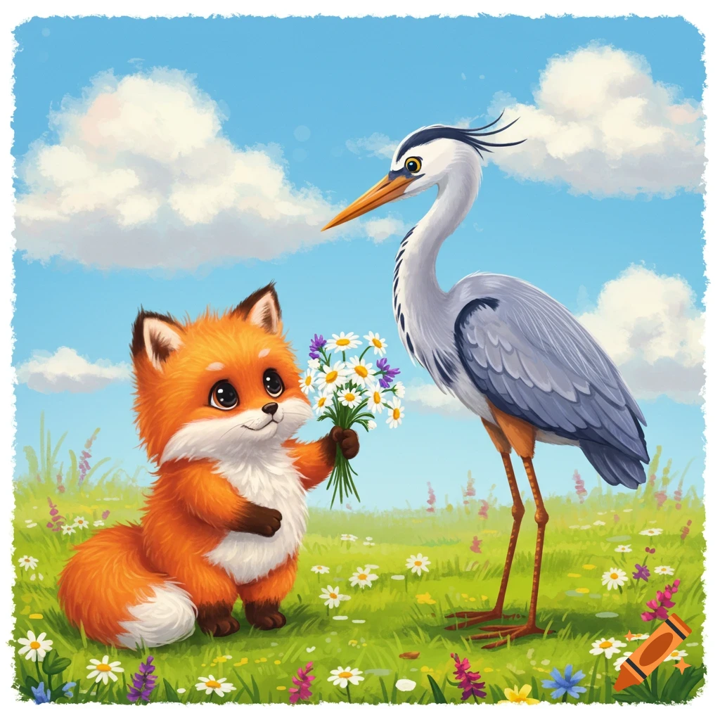A cute fox holds a bouquet of flowers for a heron in a grassy field.