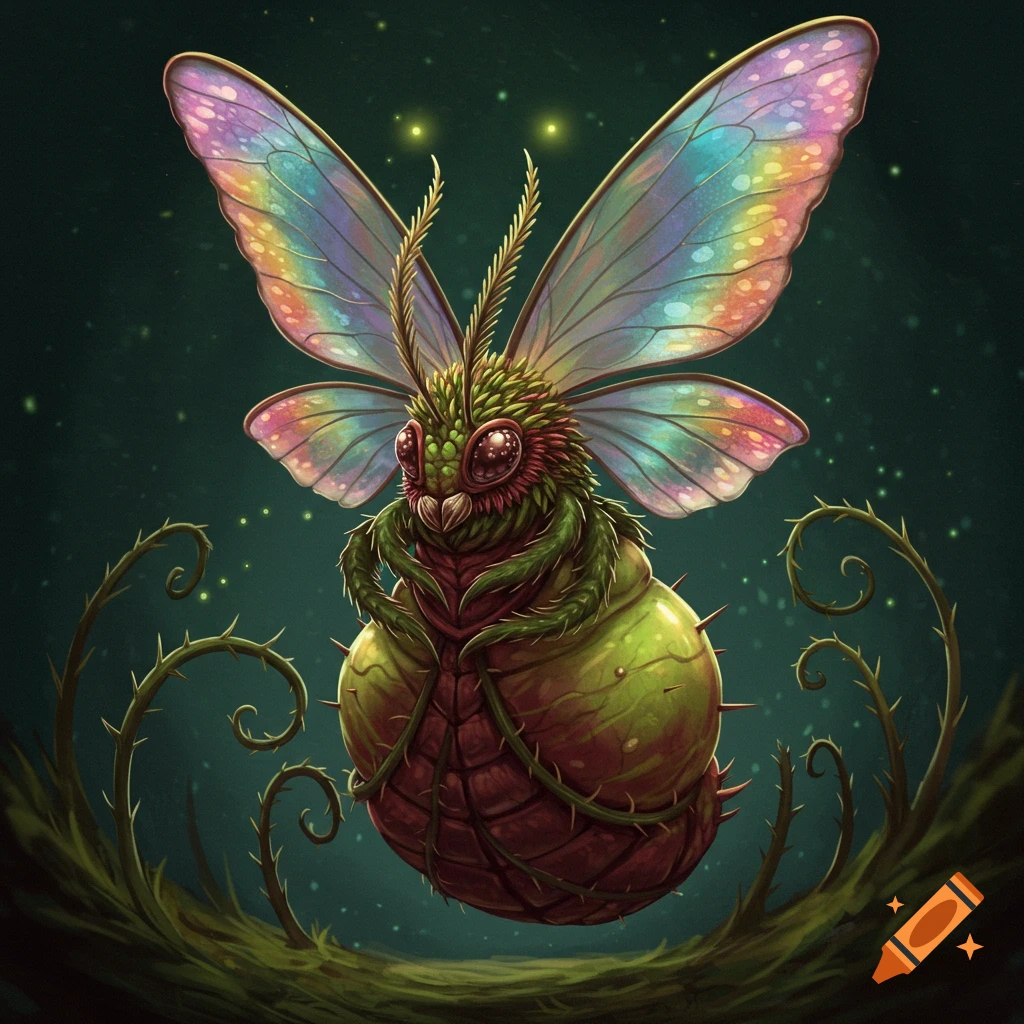 A fantasy creature with iridescent moth wings and a thorny, plant-like body covered in vines, floats in a dark, glowing environment.