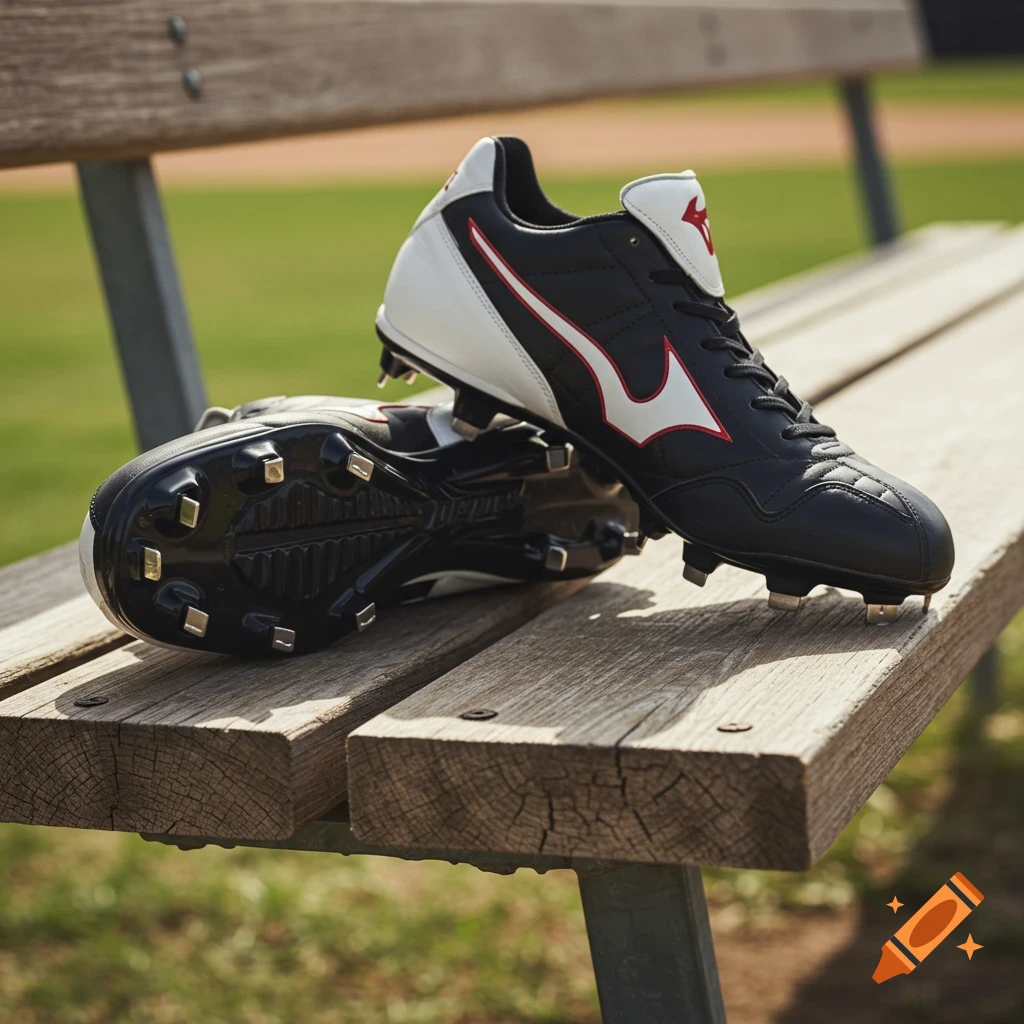 Black and white baseball cleats sit on a wooden bench at a baseball field.
