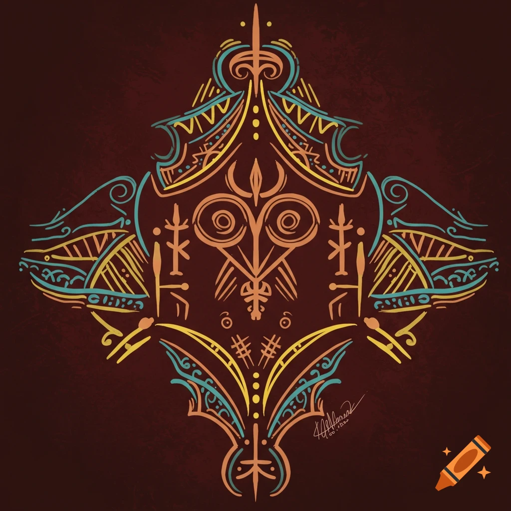 Symmetrical tribal-inspired design in orange, yellow, and blue on a red background.