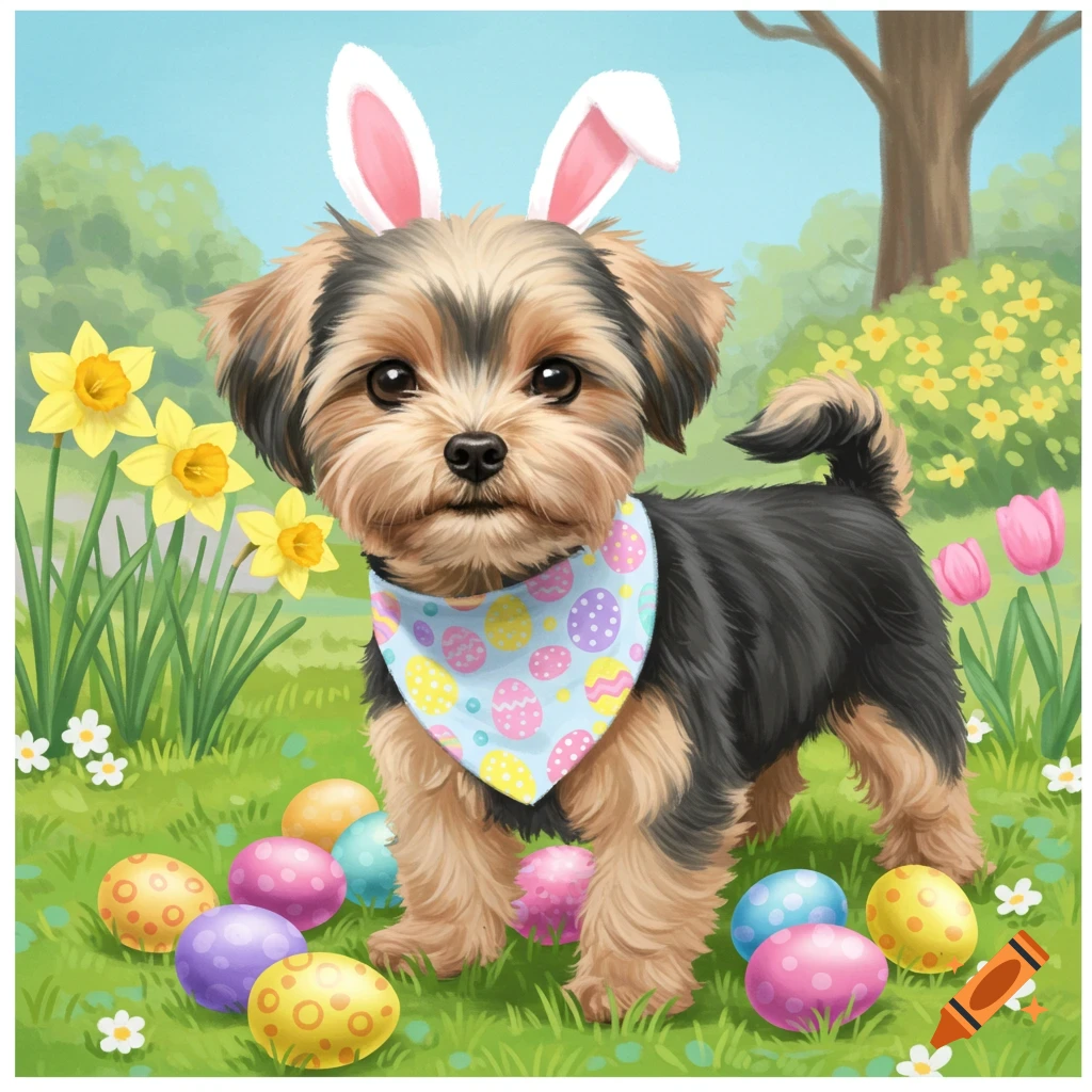 A cute shorkie dog wearing bunny ears and an Easter bandana sits among colorful Easter eggs and flowers.