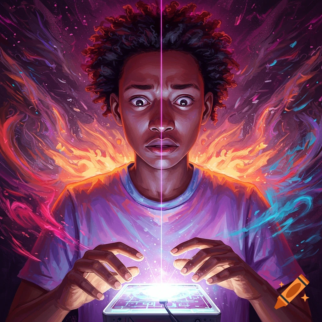 A person looks surprised at a glowing tablet surrounded by colorful energy.
