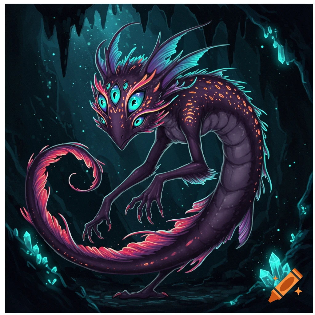 A multi-eyed purple fantasy creature in a dark cave with glowing blue crystals.