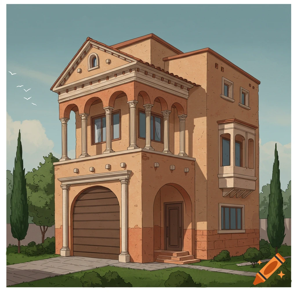 A two-story house with Roman-inspired architecture, featuring columns and arches.