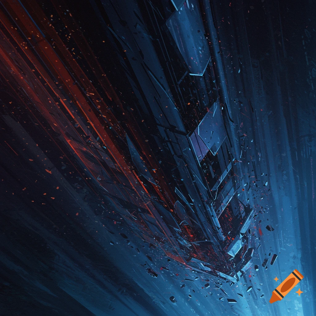 Abstract image of dark angular structures breaking apart with red streaks, suggesting rapid falling motion.