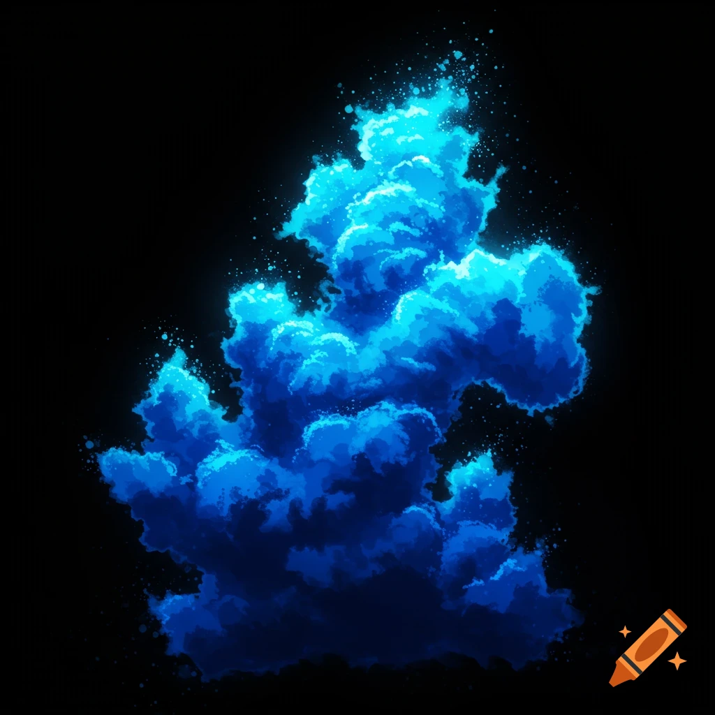 A vibrant blue, glowing cloud formation floats against a deep black background.