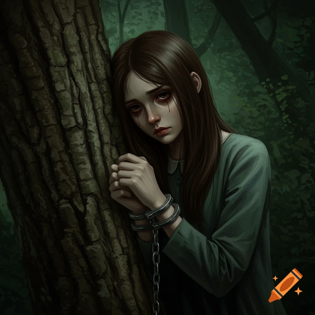 A sad girl is handcuffed to a tree in a dark forest.