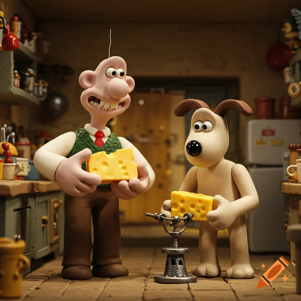 Wallace and Gromit holding cheese in a kitchen, stop-motion animation style