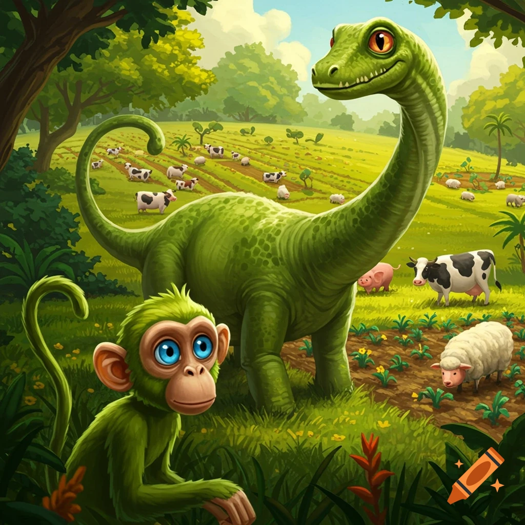 A green monkey and a dinosaur on a farm with cows, sheep, and pigs.