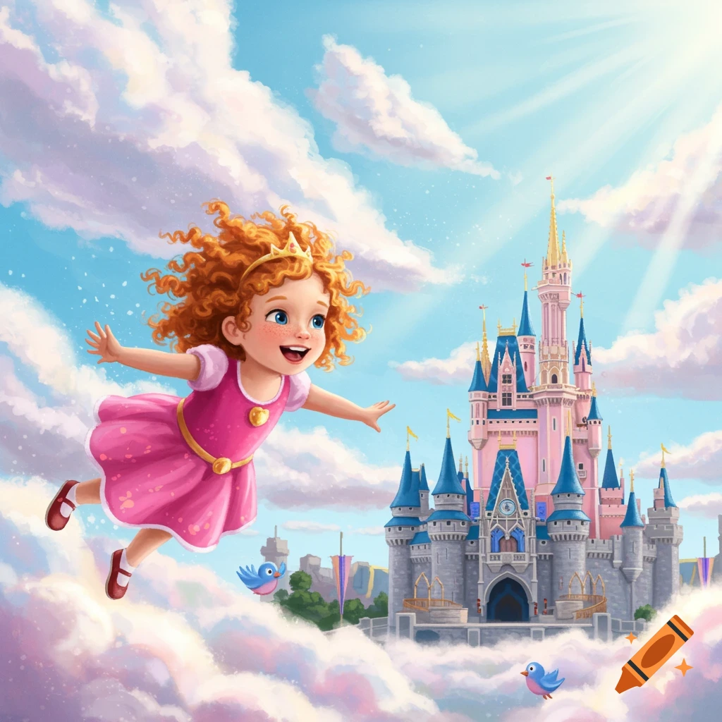 Whimsical image of a toddler girl flying towards a castle in the clouds with birds.