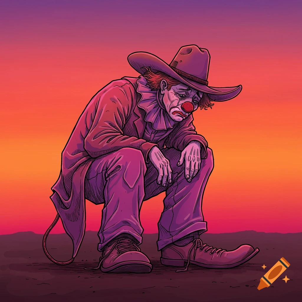 A sad rodeo clown sits under a sunset