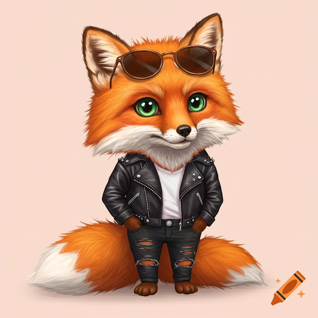 A cute fox wearing a leather jacket, ripped jeans, and sunglasses.