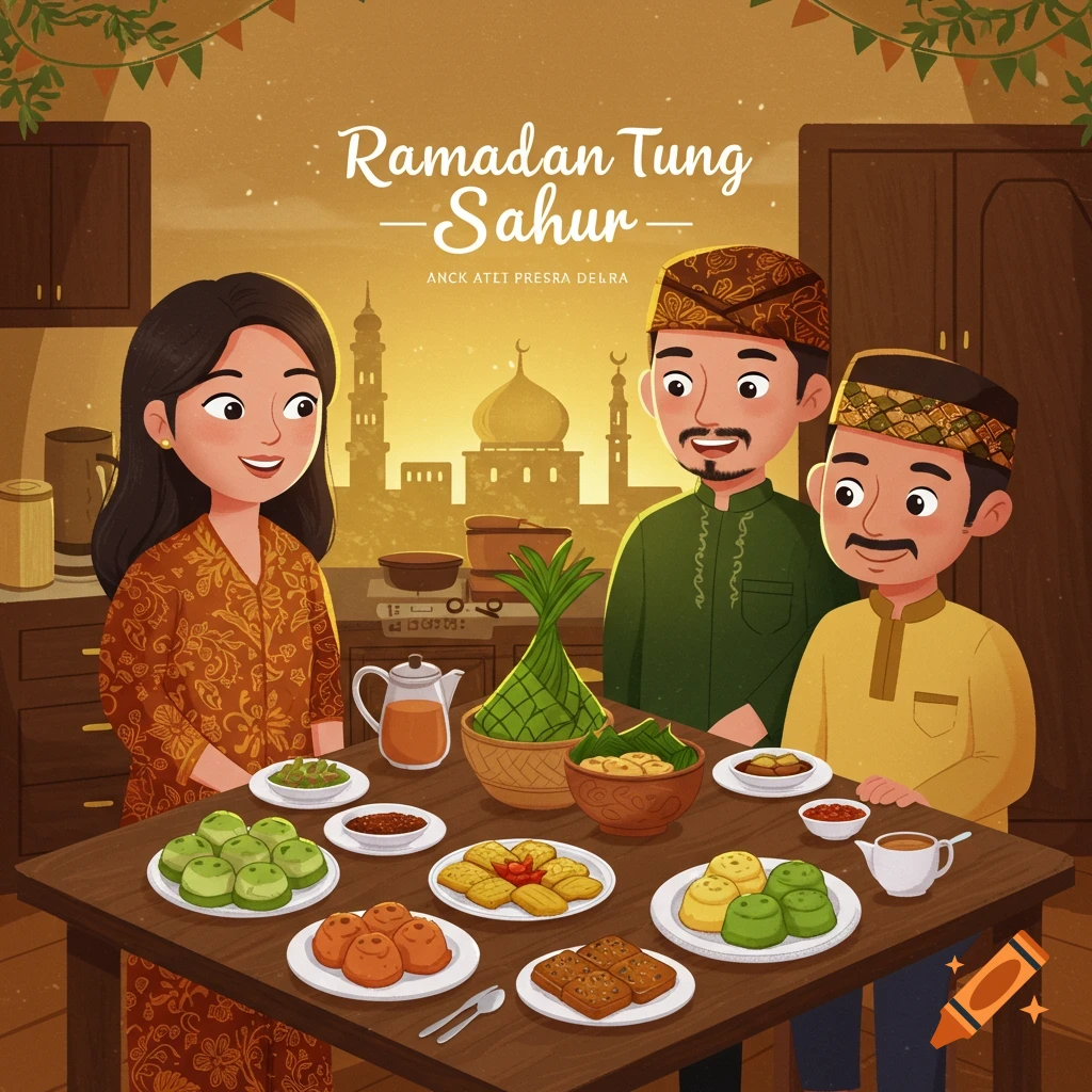 Illustration of a family eating a meal together with a mosque in the background during Ramadan.