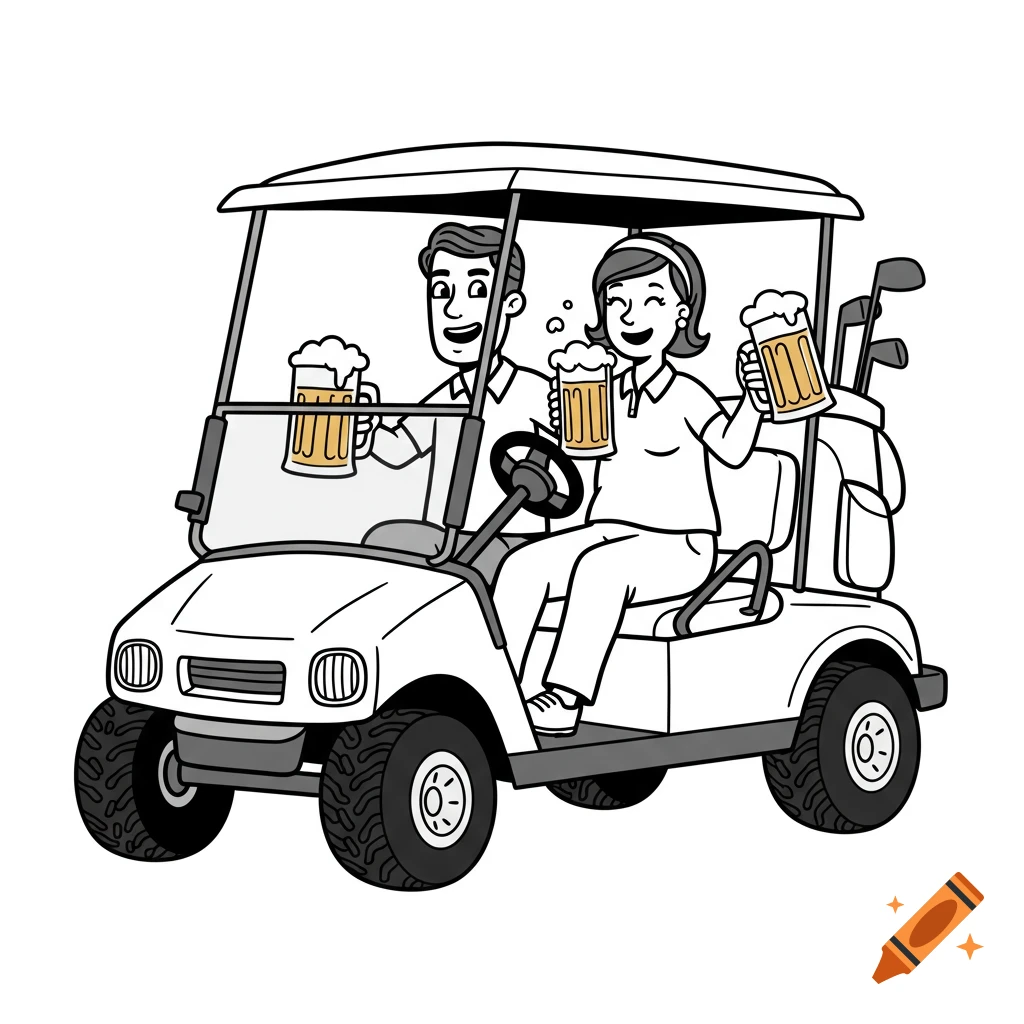 Black and white clip art of a man and woman in a golf cart holding beer mugs.