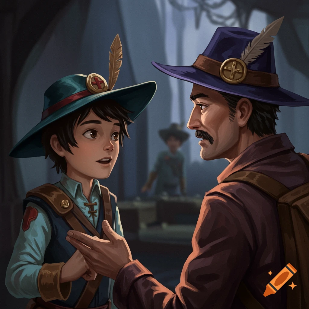 A boy and a man in fantasy adventurer gear talk in a dark setting.