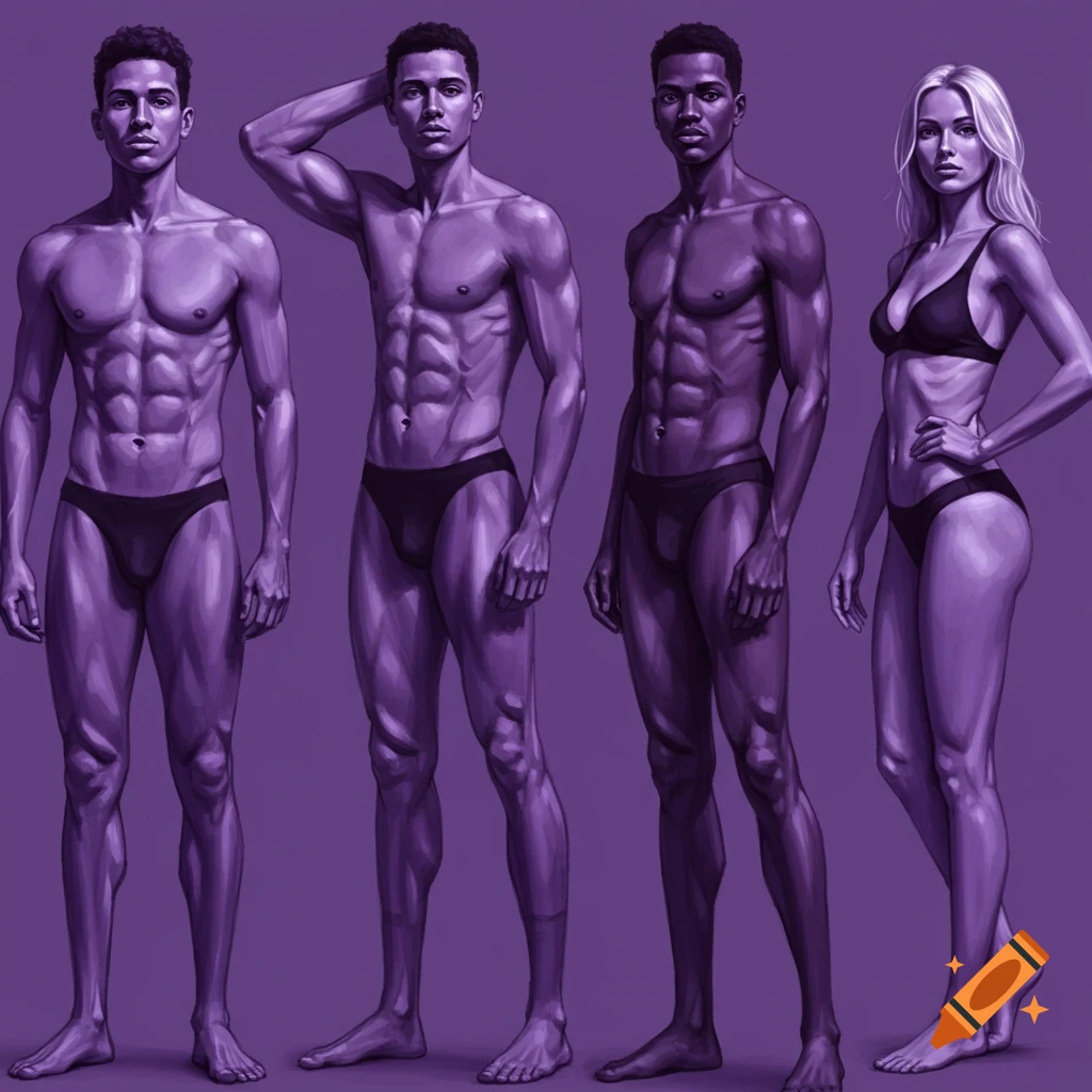 Diverse figures in purple swimwear against a purple background.