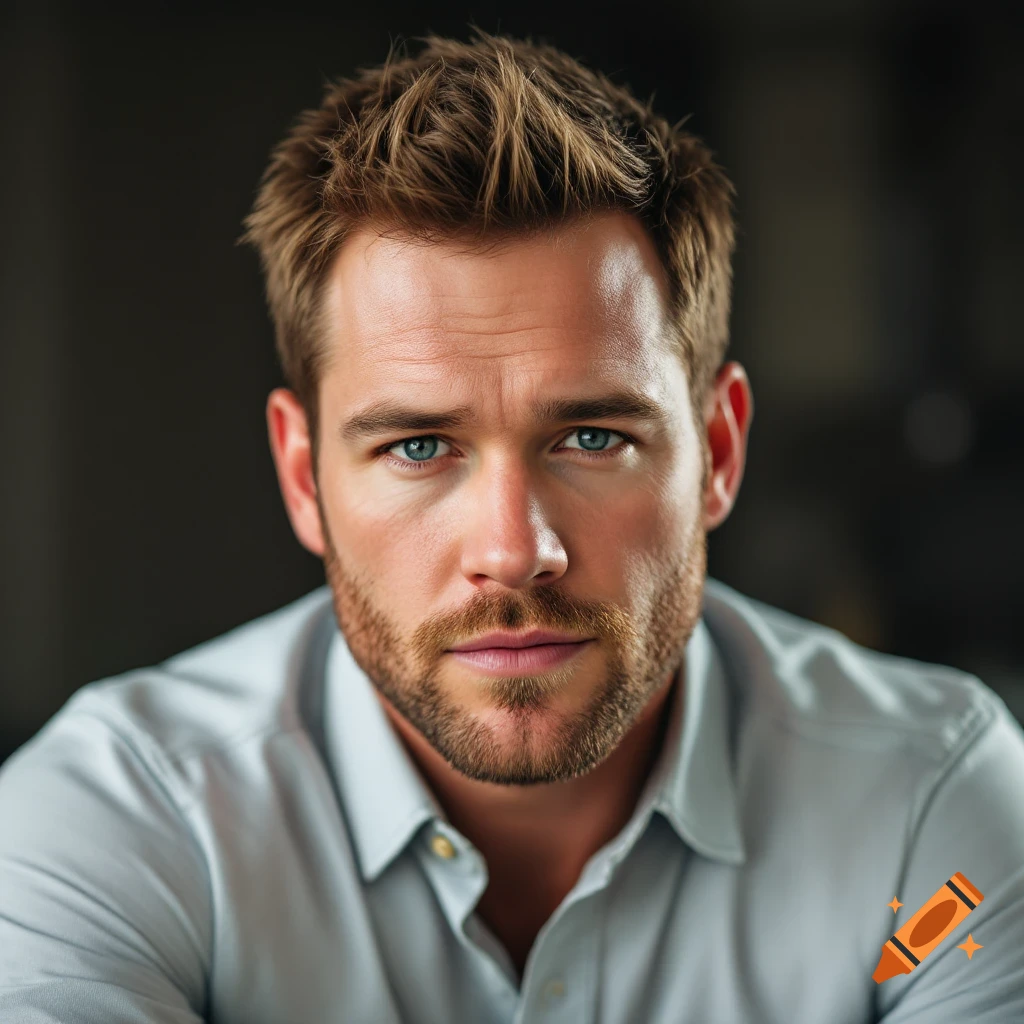 Close-up photorealistic portrait of a man with a beard and blue eyes.