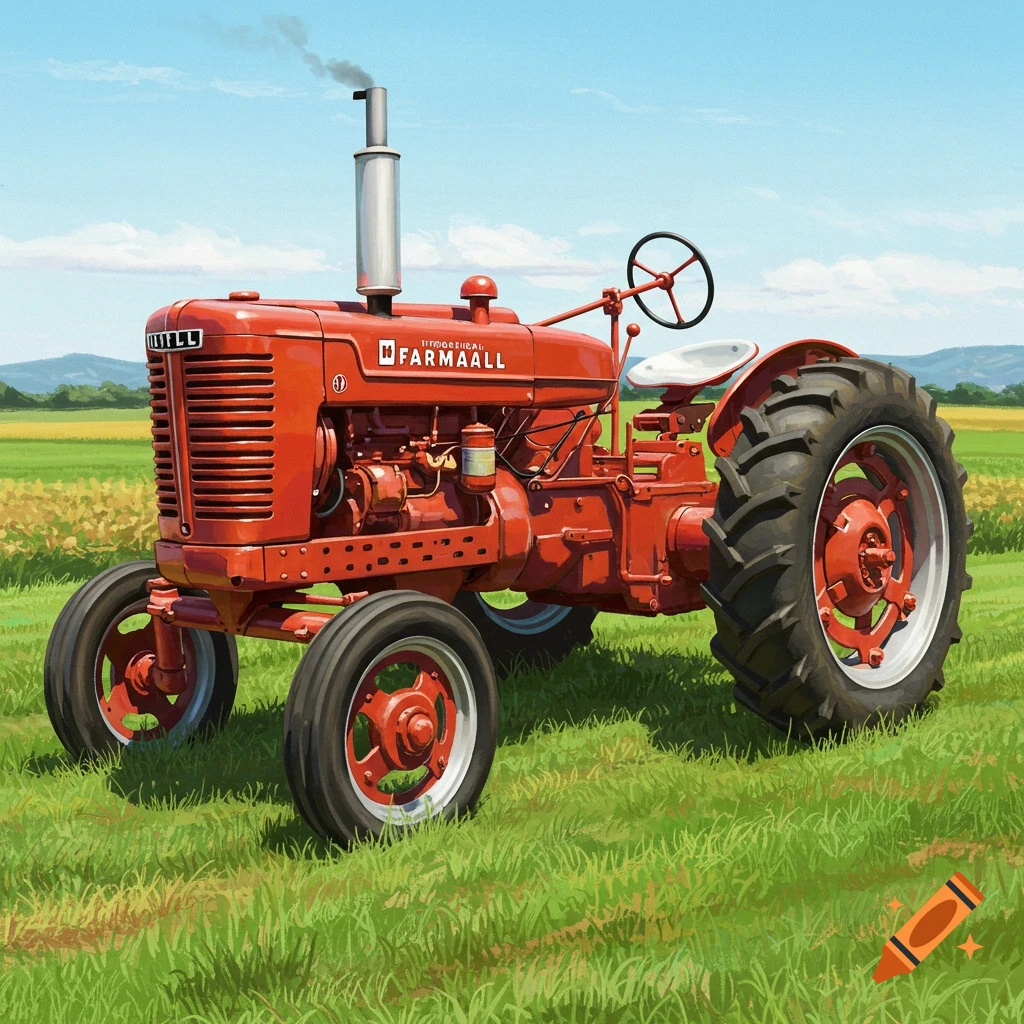 A red International Farmall H tractor in a field under a blue sky.