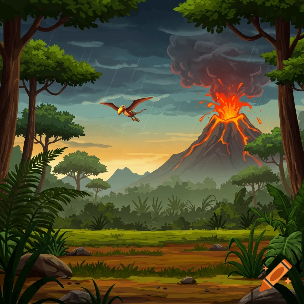 A cartoon prehistoric scene shows a pterodactyl flying over an erupting volcano in a jungle.