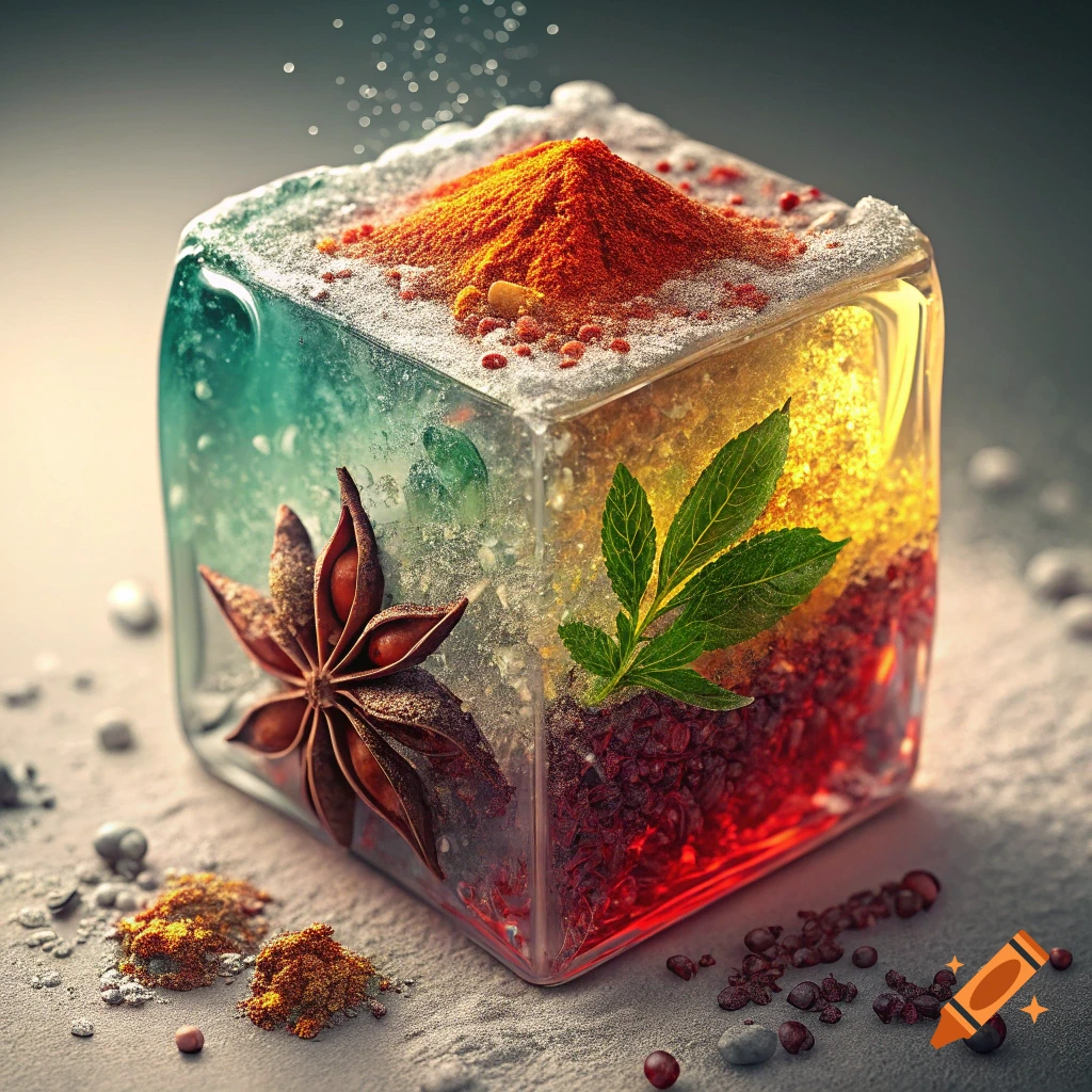 Clear cube filled with colorful spices, leaf, and star anise on granular surface, photorealistic still life.