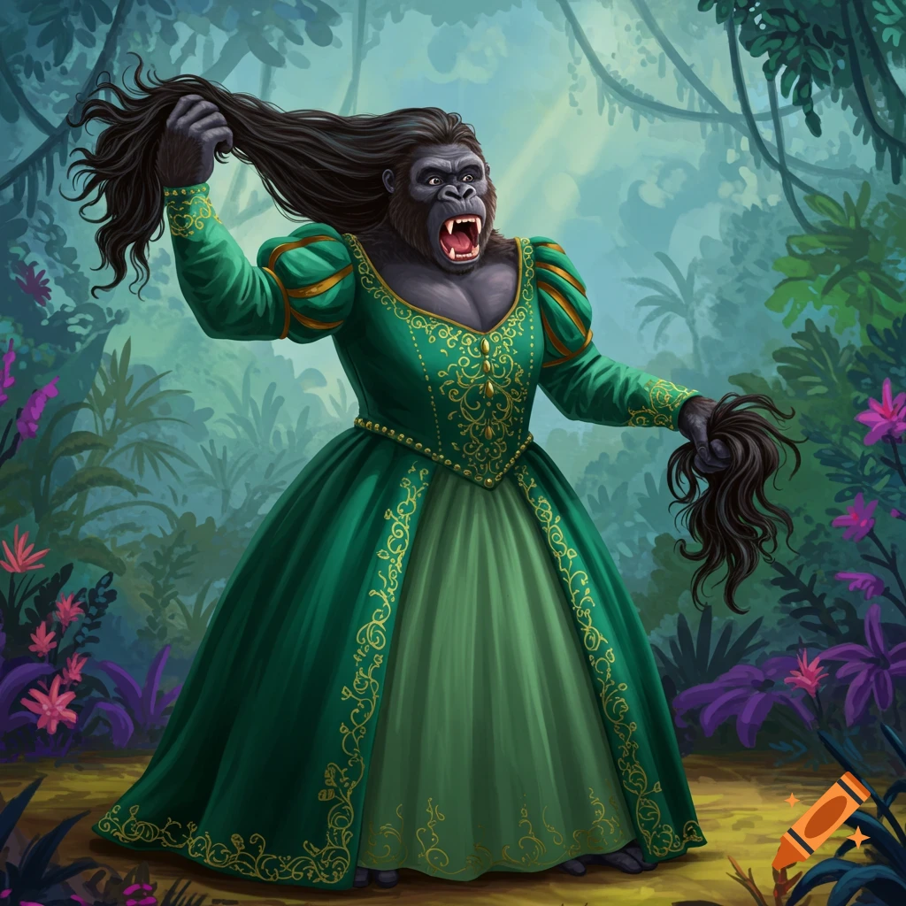 A gorilla wearing a green dress and flipping its long hair in a jungle. on Craiyon A gorilla wearing a green dress and flipping its long hair in a jungle. on Craiyon