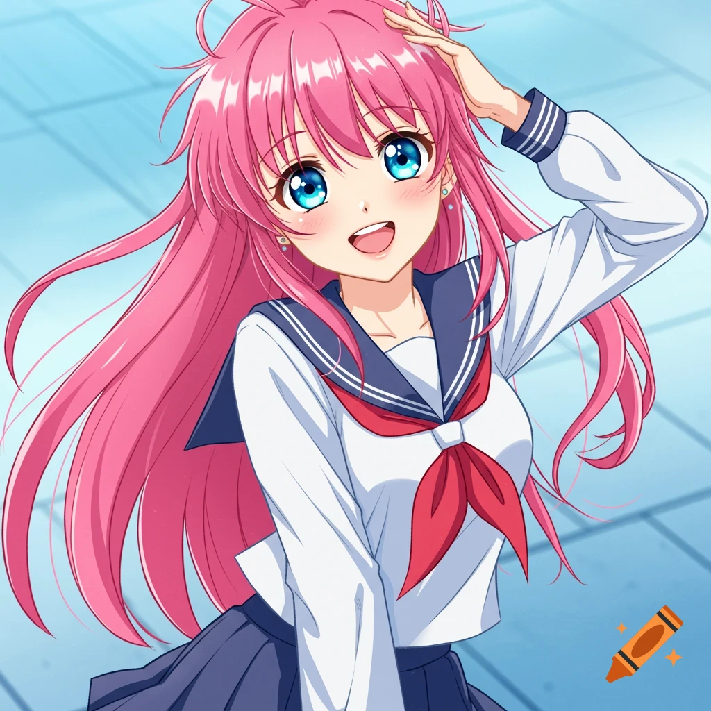Anime girl with pink hair and blue eyes smiling in a school uniform.