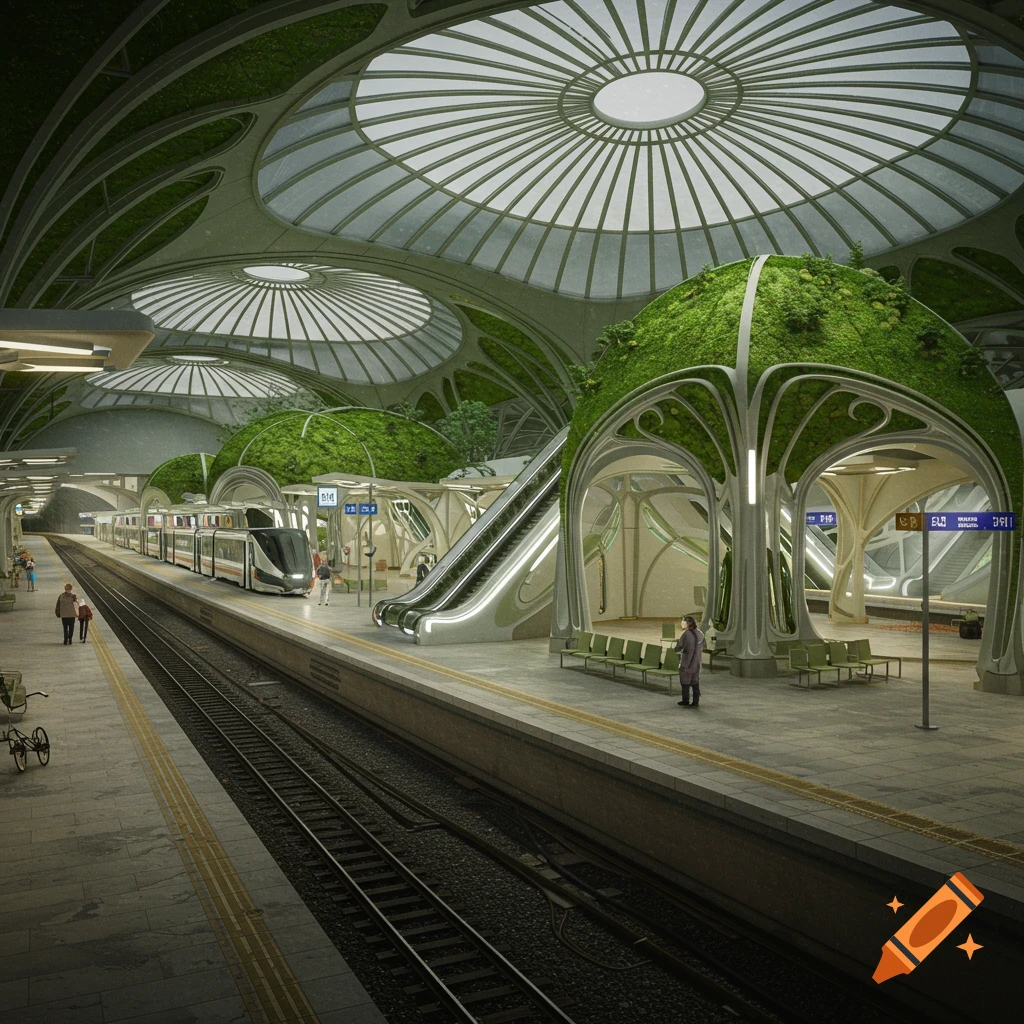 A 3D render of a futuristic train station with Art Nouveau architecture, green structures, glass domes, and a train.