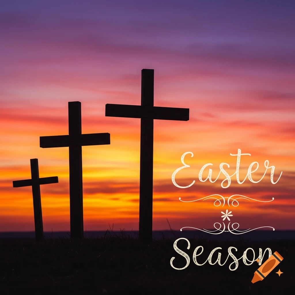 Three silhouetted crosses stand against a vibrant sunset sky with the text "Easter Season".