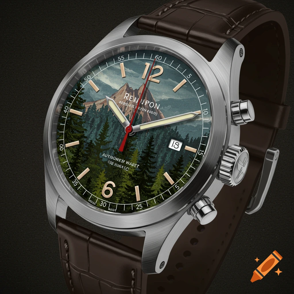 Close-up photo of a silver explorer-style watch with a brown leather strap. The dial features a painting of mountains and a forest.