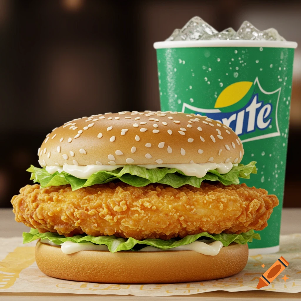 A photorealistic image of a fried chicken sandwich next to a large cup of Sprite soda.