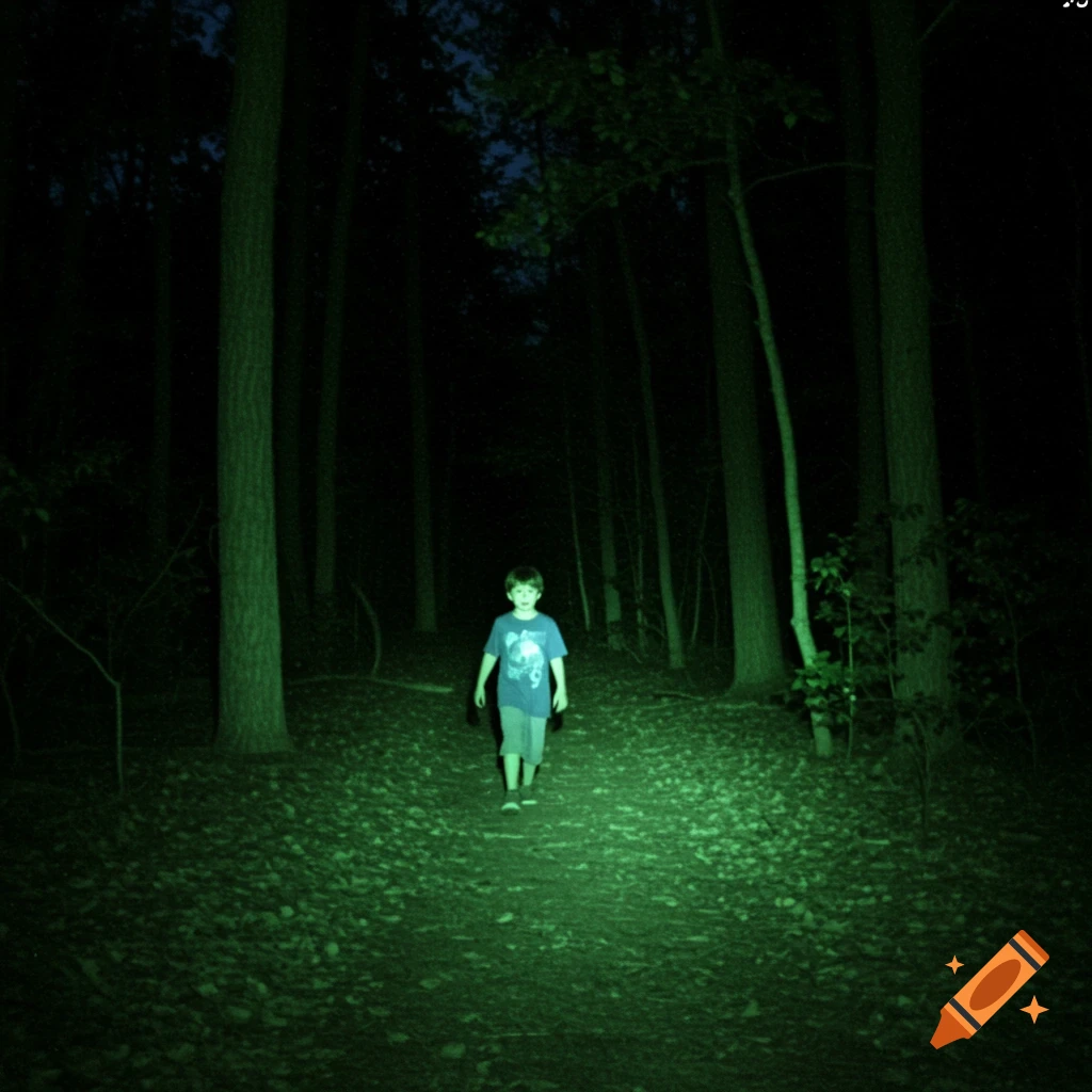 A young boy walks alone on a trail in a dark forest at night, lit by a green light.