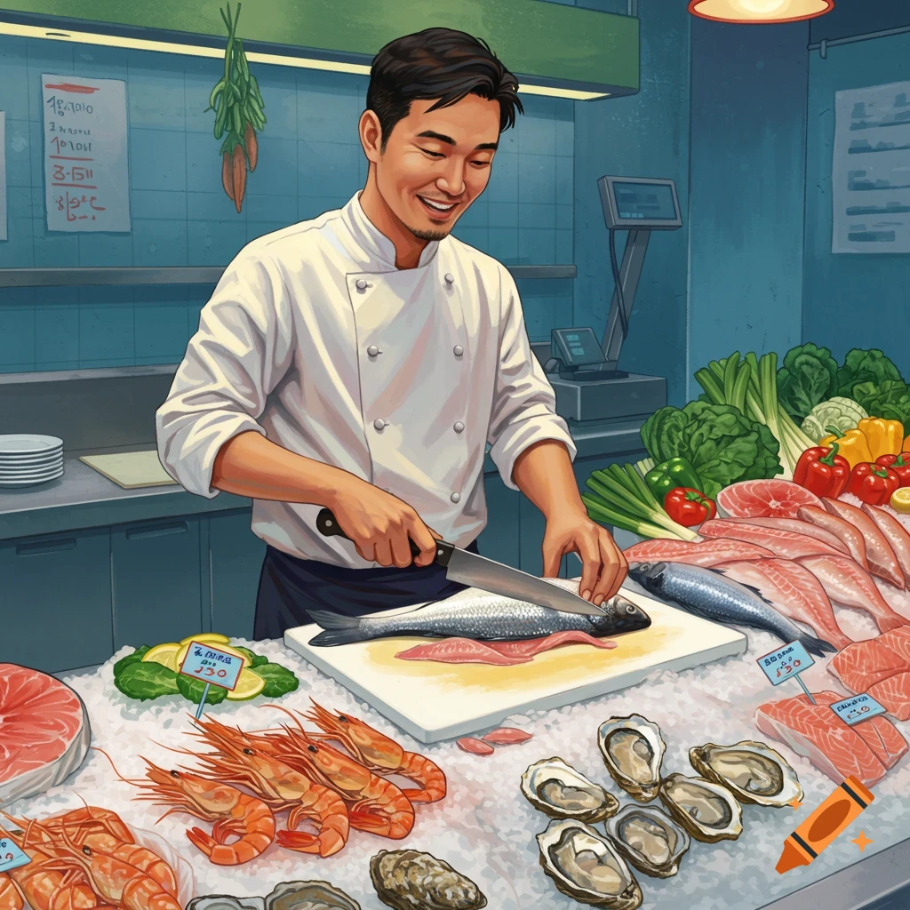 A smiling chef cuts fish on a seafood counter filled with fish, shrimp, and oysters.