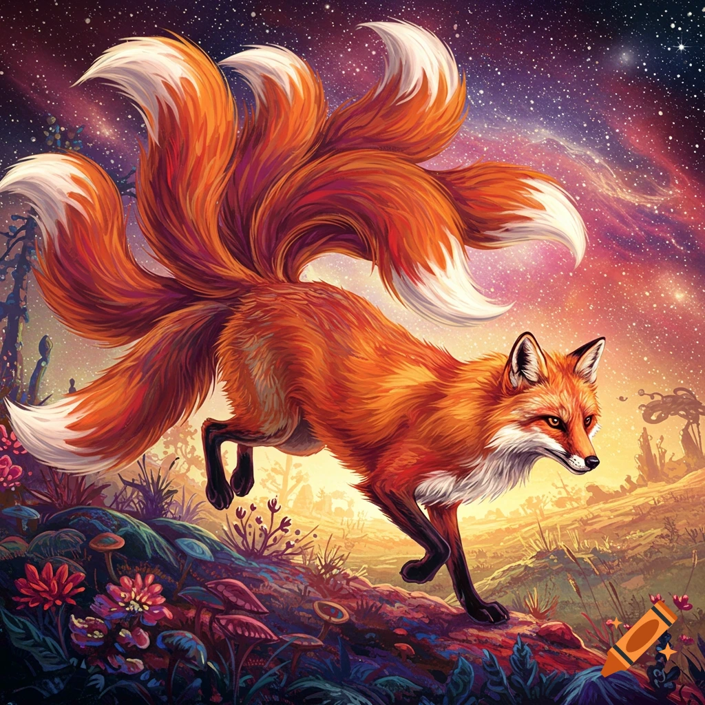 A multi-tailed orange fox runs through a vibrant fantasy landscape under a starry sky.
