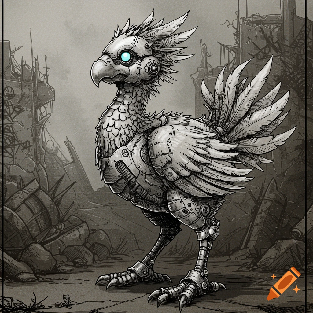 Robotic chocobo standing in ruins, concept art style