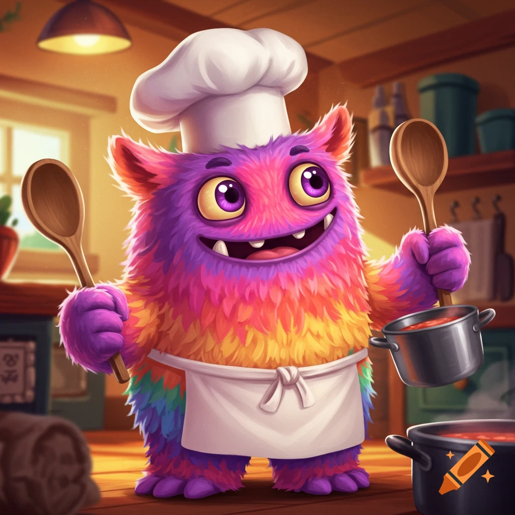 A colorful furry monster wearing a chef hat and apron holds spoons and cooking pots in a kitchen.